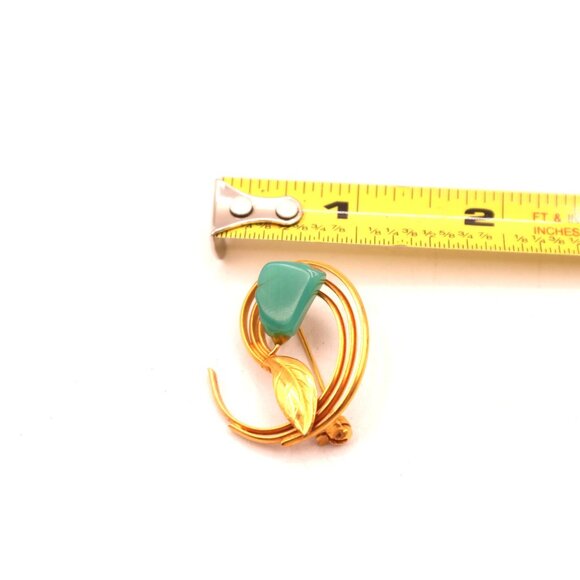Vintage Leaf Brooch Pin Faux Turquoise Glass Cabochon Unsigned MCM Pc Gold Tone - Picture 9 of 9